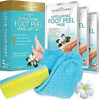 Foot Peel Mask 5pc Beauty Gift Sets - Feet Peeling Mask & Exfoliator - Foot Mask for Dry Cracked Feet Includes 3 Foot Masks, Pumice Stone & Socks, Self Care Gifts & Mother Day Gift Set by Love Lori