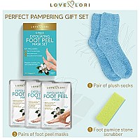 Foot Peel Mask 5pc Beauty Gift Sets - Feet Peeling Mask & Exfoliator - Foot Mask for Dry Cracked Feet Includes 3 Foot Masks, Pumice Stone & Socks, Self Care Gifts & Mother Day Gift Set by Love Lori