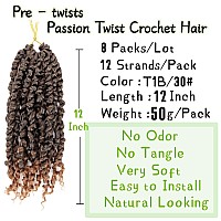 8 Packs Passion Twist Hair 12 Inch Pre-twisted Passion Twist Crochet Hair Pre-looped Crochet Braids for Women Passion Twists Braiding Hair Synthetic Hair Extensions (12Strands/Pack; T1B/30#)