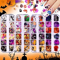 Ebanku 4 Boxes Halloween Nail Art Glitter Sequins Holographic Skull Spider Pumpkin Bat Ghost Witch Glitter Flakes 3D Halloween