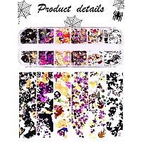 Ebanku 4 Boxes Halloween Nail Art Glitter Sequins Holographic Skull Spider Pumpkin Bat Ghost Witch Glitter Flakes 3D Halloween