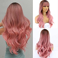 Piaou Ombre Pink Wig With Bangs Long Wavy Wigs For Women Pink Wigs With Bangs Heat Resistant Synthetic Wigs For Women Natural Ha