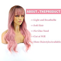 Piaou Ombre Pink Wig With Bangs Long Wavy Wigs For Women Pink Wigs With Bangs Heat Resistant Synthetic Wigs For Women Natural Ha