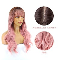 Piaou Ombre Pink Wig With Bangs Long Wavy Wigs For Women Pink Wigs With Bangs Heat Resistant Synthetic Wigs For Women Natural Ha