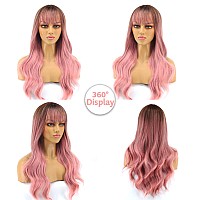 Piaou Ombre Pink Wig With Bangs Long Wavy Wigs For Women Pink Wigs With Bangs Heat Resistant Synthetic Wigs For Women Natural Ha