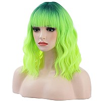 Beron 14 Inches Neon Green Wig Short Curly Wig Lemon Green Wig With Bangs Dark Root Ombre Green Wig Synthetic Wigs Women Girls O