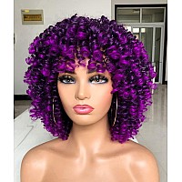 Annivia Curly Afro Wig with Bangs Short Kinky Curly Wigs for Black Women Synthetic Fiber Soft Hair Short Curly Afro Wig (Galaxy Purple)