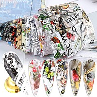 Graffiti Nail Art Foil Transfer Stickers Nail Art Supplies Holographic Retro Newspaper English Letter Flower Butterfly Cool Nail