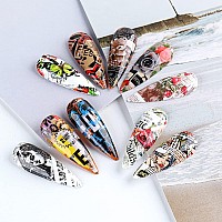 Graffiti Nail Art Foil Transfer Stickers Nail Art Supplies Holographic Retro Newspaper English Letter Flower Butterfly Cool Nail