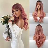 Honygebia Pink Wigs with Bangs - Long Ombre Pink Wigs for Women, Light Wavy Heat Resistant Hair Pink, Synthetic Dark Root Natural Looking - Best Wigs for Halloween/Christmas/Cosplay/Party