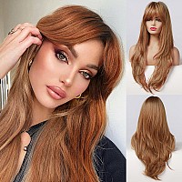 Honygebia Ginger Wig with Bangs - Auburn Wigs for Women, Copper Red Long Straight Layered Hair, Light Honey Blonde Dark Roots, Natural Synthetic Heat Resistant Wigs for Halloween/Christmas/Party