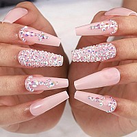 Outyua 3D Rhinstone Press On Nails With Designs Glitter Long Fake Nails Coffin Ballerina Nude False Nails Acrylic Full Cover Des