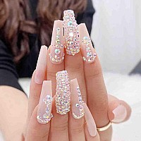 Outyua 3D Rhinstone Press On Nails With Designs Glitter Long Fake Nails Coffin Ballerina Nude False Nails Acrylic Full Cover Des