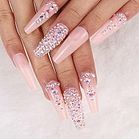 Outyua 3D Rhinstone Press On Nails With Designs Glitter Long Fake Nails Coffin Ballerina Nude False Nails Acrylic Full Cover Des