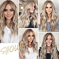 EMMOR Long Ombre Blonde Lace Front Wig for Women,25 Inch Natural Wavy Daily Hair Synthetic Lace Wigs Middle Part,Hand Tied/Longlife/Lightweight