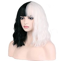 Beron 14 Inches Black White Wig Two Tone Wig Short Curly Wig With Bangs Black White Wigs Synthetic Wigs Women Girls Split Wig Wi