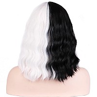 Beron 14 Inches Black White Wig Two Tone Wig Short Curly Wig With Bangs Black White Wigs Synthetic Wigs Women Girls Split Wig Wi