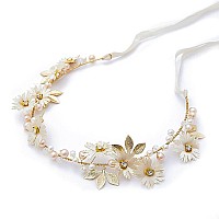 Bridal Hair Vines Crystal Pearls Flower Wedding Hair Accessories Evening Party Tiara Headpiece for Bridesmaid and Flower Girls (Gold)