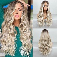 HANYUDIE Ombre Blonde Wig Long Wavy Wig For Women Middle Part Wavy Wigs Synthetic Heat Resistant Party Wigs (Ombre Ash Blonde)