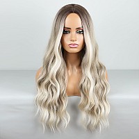 HANYUDIE Ombre Blonde Wig Long Wavy Wig For Women Middle Part Wavy Wigs Synthetic Heat Resistant Party Wigs (Ombre Ash Blonde)