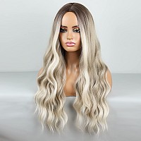 HANYUDIE Ombre Blonde Wig Long Wavy Wig For Women Middle Part Wavy Wigs Synthetic Heat Resistant Party Wigs (Ombre Ash Blonde)