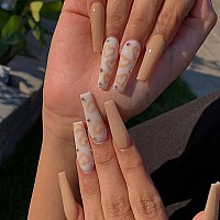 Rikview Long Press On Nails Coffin Acrylic Nails Nude Fake Nails With Rhinestones Glossy Stick On Nail 24 Pcsset