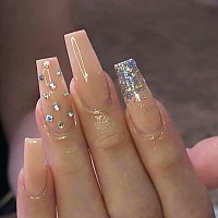 Rikview Press On Nails Long Fake Nails Coffin Nails Nude Acrylic Nails For Women With Rhinestones Design