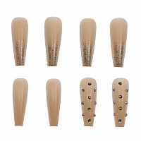 Rikview Press On Nails Long Fake Nails Coffin Nails Nude Acrylic Nails For Women With Rhinestones Design