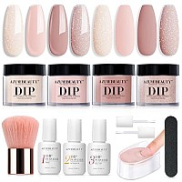 Azurebeauty Dip Powder Nail Kit Starter, All Season Nude Skin Glitter 4 Colors Dipping Powder Liquid Set Recycling Tray With Base & Top Coat Activator For French Nail Art Manicure Salon Diy At Home.