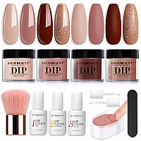 Azurebeauty Dip Powder Nail Kit Starter, 4 Colors Skin Nude Brown Glitter, Acrylic Dipping Powder Liquid Set With Base/Top Coat Activator For Daily French Nail Art Manicure Diy Gift 12 Pcs