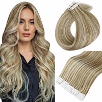 Full Shine Blonde Tape In Hair Extensions Color Golden Blonde Highlight Medium Blonde Invisible Tape In Extensions Human Hair 16