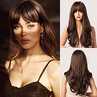 Honygebia Dark Brown Wig with Bangs - Long Wavy Brunette Wigs for Women, Chocolate Brown Synthetic Heat Resistant Hair, Natural Looking Long Brown Wig - Best Wigs for Halloween/Christmas/Party