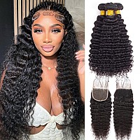 Deep Wave Bundles With Closure Brazilian Virgin Human Hair Free Part Deep Curly Weave 3 Bundles With 4X4 Lace Closure 20 22 24