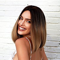 HAIRCUBE Ombre Brown Bob Wig Shoulder Length Wigs for Women Short Ombre Wig Middle Part Heat Resistant Fibre Synthetic Wig Natural Looking