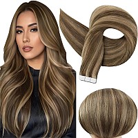 Full Shine Tape In Hair Extensions Human Hair 16 Inch Color 4 Brown Highlighted 27 Blonde Invisible Skin Weft Tape In Extensions