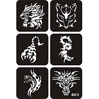 Kotbs 6 Sheets Temporary Tattoo Stencils 34Pcs Animal Tiger Wolf Totem Patterns Henna Tattoo Stencil Kit Temporary Glitter Airb