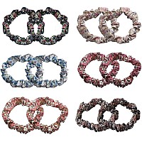 12Pcs Thin Floral Hair Ties Soft Hair Scrunchies Elastic Hair Bands Floral Solid Ropes Ponytail Holder Stocking Stuffers For Wo