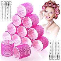 Jumbo Hair Curlers Rollers, 24Pcs Set with 12 Hair Curlers Self Grip Holding Rollers and 12 Stainless Steel Duckbill Clips for Long Medium Hair Bangs Volume (Rose Red)