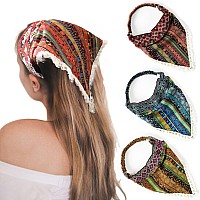 AWAYTR Boho Hair Bandanas Head Kerchief - 3Pcs Elastic Hair Scarves Headband with Fringe Trim Ethnic Bandana Headband Hair Kerchief with 2 Clips Multicolor(Fringe trim)