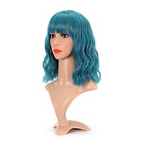 Vckovcko Natural Wavy Wig With Air Bangs Short Bob Dark Blue Wigs Womens Shoulder Length Wigs Curly Wavy Synthetic Cosplay Wig