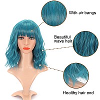 Vckovcko Natural Wavy Wig With Air Bangs Short Bob Dark Blue Wigs Womens Shoulder Length Wigs Curly Wavy Synthetic Cosplay Wig