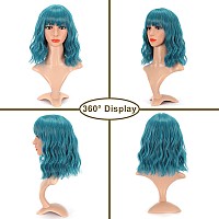 Vckovcko Natural Wavy Wig With Air Bangs Short Bob Dark Blue Wigs Womens Shoulder Length Wigs Curly Wavy Synthetic Cosplay Wig