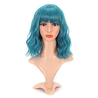 Vckovcko Natural Wavy Wig With Air Bangs Short Bob Dark Blue Wigs Womens Shoulder Length Wigs Curly Wavy Synthetic Cosplay Wig