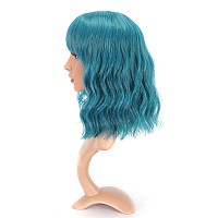 Vckovcko Natural Wavy Wig With Air Bangs Short Bob Dark Blue Wigs Womens Shoulder Length Wigs Curly Wavy Synthetic Cosplay Wig