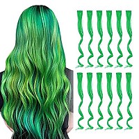 Tengniuniu Colored Hair Extensions Clip In Green 12 Pieces Highlights Party For Kids Girls Women 16 Inch Wavy Curly Synthetic