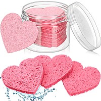 60 Pieces Facial Sponges with Container, Heart Shape Compressed Face Sponge Natural Sponge Pads for Washing Face Cleansing Exfoliating Esthetician Makeup Removal (Pink)