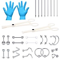 Jiesibao 32Pcs Body Piercing Kit Disponsable Piercing Clamps Needles Set 316L Staineless Steel 14G 16G 18G 20G Silver Belly Nav