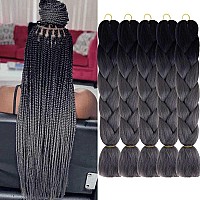 Aidusa Ombre Braiding Hair Black To Dark Grey Braiding Hair Extensions 5 Pcs Synthetic 24 Inch 2 Tones Gray Braiding Hair For Wo