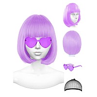 Plantureco Purple Wig And Party Sunglasses Purple Wigs For Women Lavender Wig Light Purple Wig Purple Wig With Bangs Short