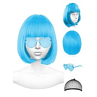 Plantureco Light Blue Wig And Party Sunglasses Color Bob Wig Cosplay Wigs And Party Wigs Rainbow Wig With Neon Glasses Blue W